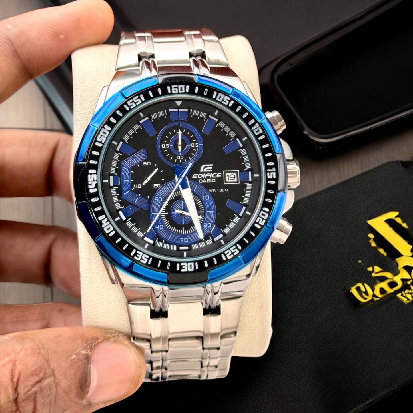 Casio Edifice EVF-610E Blue Dial Quartz Chronograph Watch for Men with Black Metal Band