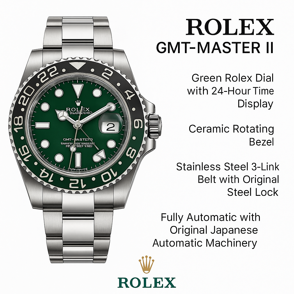 Green Dial Rolex GMT Master II Men’s Automatic Watch 43mm Ceramic Rotating Bezel – Luxevion