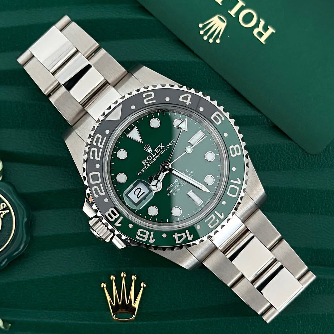 Rolex GMT Master II Men’s 43mm Green Dial Stainless Steel 3-Link Bracelet Premium Watch – Luxevion