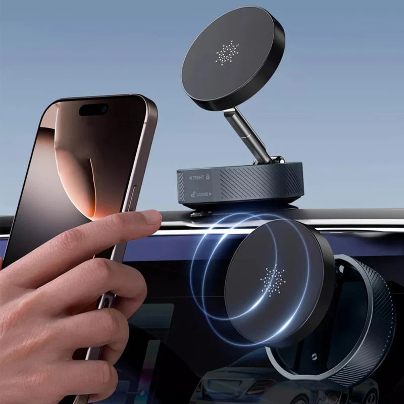 Hand holding a smartphone with a wireless charging pad and car mount on a blue gradient background