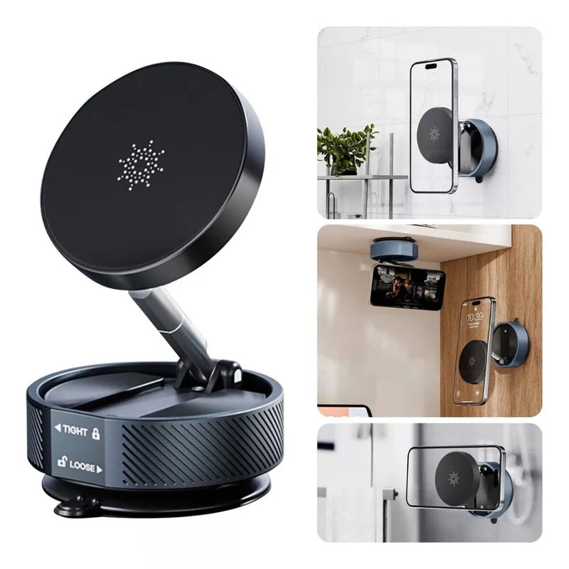 Black magnetic phone holder with various mounting options on a white background