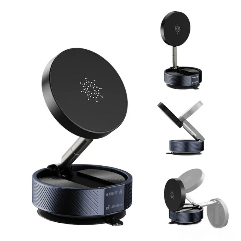 Black magnetic car mount with multiple attachments on a white background