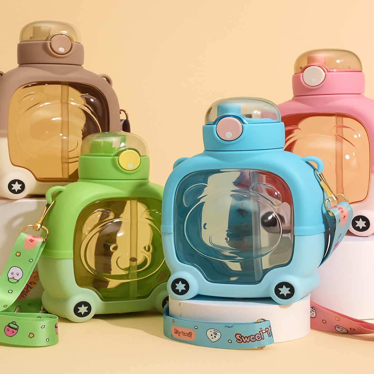 Cute Cartoon Bear Sipper Water Bottle