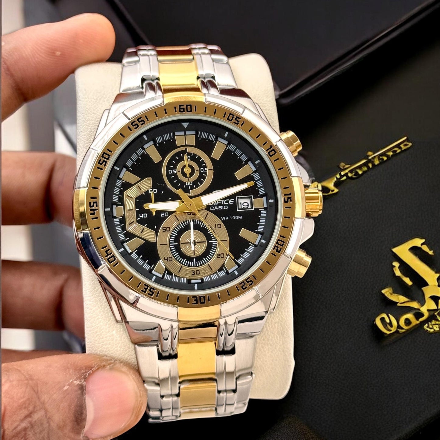asio Edifice EVF-610E Dual Tone Gold & Black Dial Watch for Men with Two-Tone Stainless Steel Band