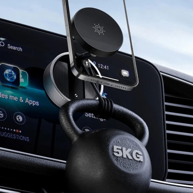 5KG kettlebell attached to a car phone mount with a smartphone displaying a navigation app.